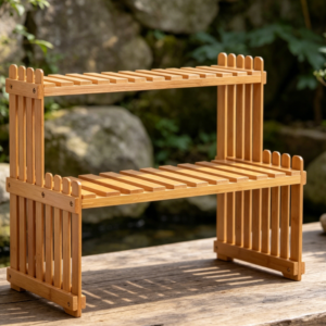 Double-Layer Bamboo Desktop Planter Rack | Approx. 27cm Length | Adjustable Trapezoidal Shelf