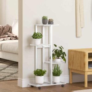 4-Tier Metal Plant Stand with Wheels | Adjustable Shelf Height | White Iron | Approx. 44x23x80 cm