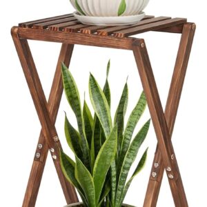 Square Corner Wooden Plant Stand | Double-Layer Vintage Flower Stand | Living Room, Bedroom, Balcony, Office